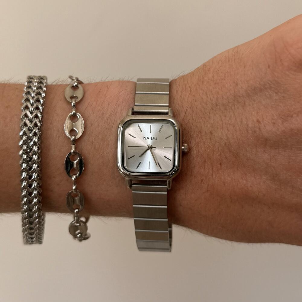 Y2K Silver Square Quartz Watch with Minimal Dial Unisex 8.5" New